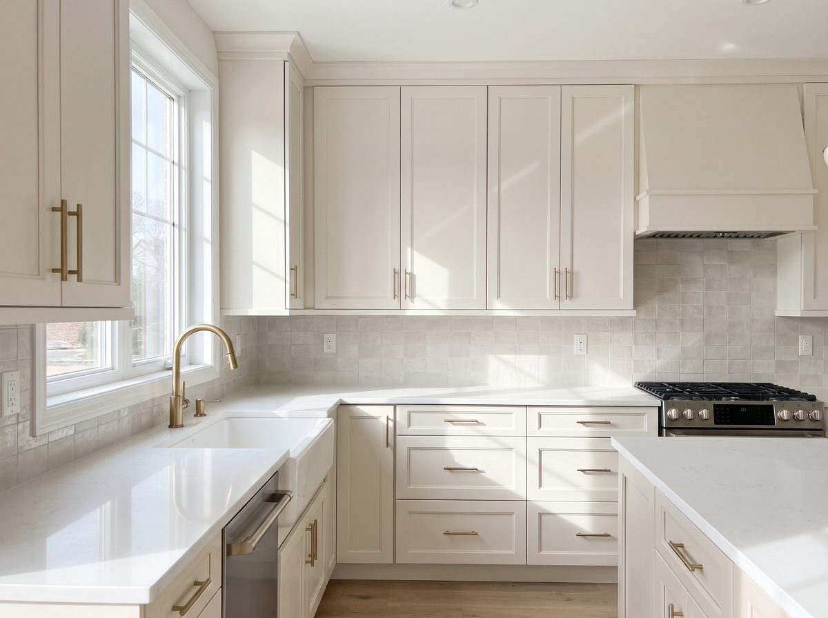 Kitchen cabinets freshly sprayed in a soft sage green with brass pulls, concept imagery