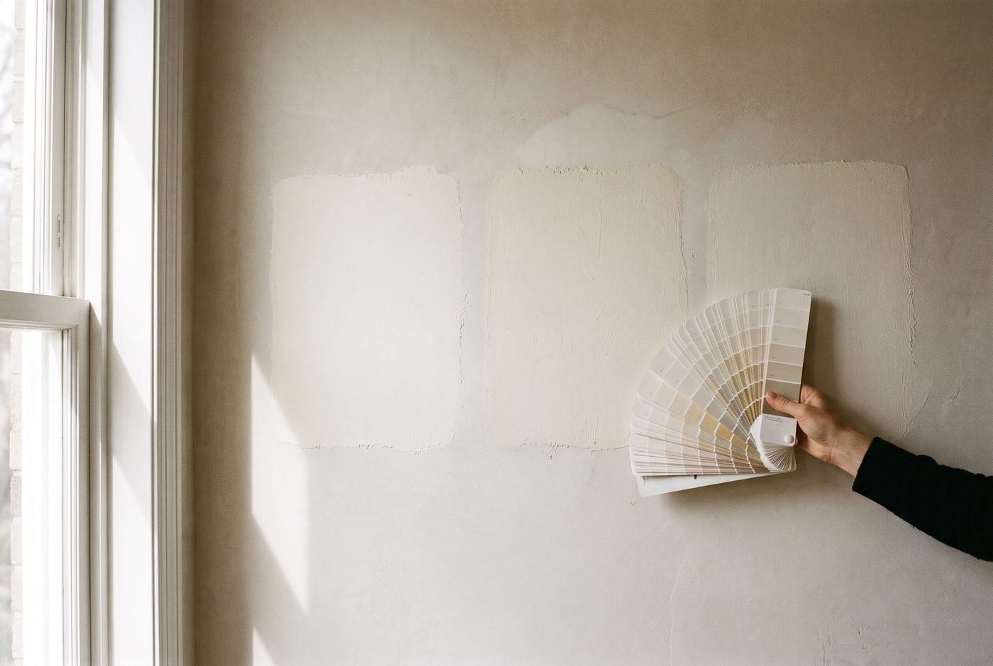 Three painted sample squares of warm white on a wall next to an open colour fan deck, concept imagery