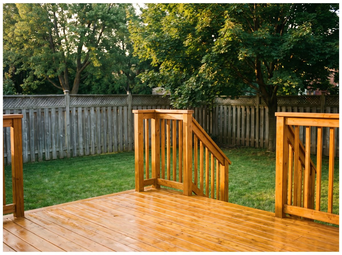 Cedar deck freshly stained in a warm semi-transparent brown with a garden beyond, concept imagery