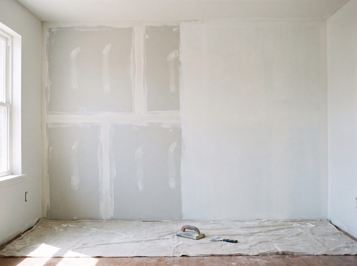Painter sanding a skim-coated drywall patch beside a window, concept imagery