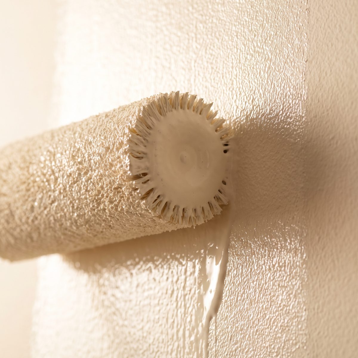 Roller loaded with warm white paint on a wall, concept imagery
