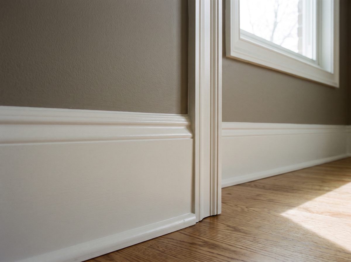 White painted baseboard and door casing meeting a grey wall with a clean edge, concept imagery